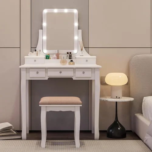 Vista 8 de Tocador de maquillaje rosa para niñas, escritorio con espejo y luces, tocador para niñas con luces, juego de tocador de maquillaje tocadores