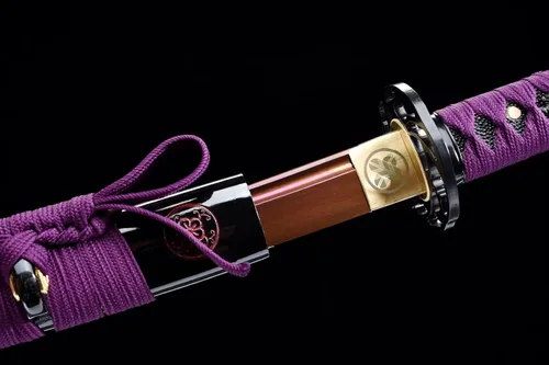 Vista 7 de Espada Katana Samurai japonesa púrpura noble 1095 acero al carbono Sakura grabado Saya