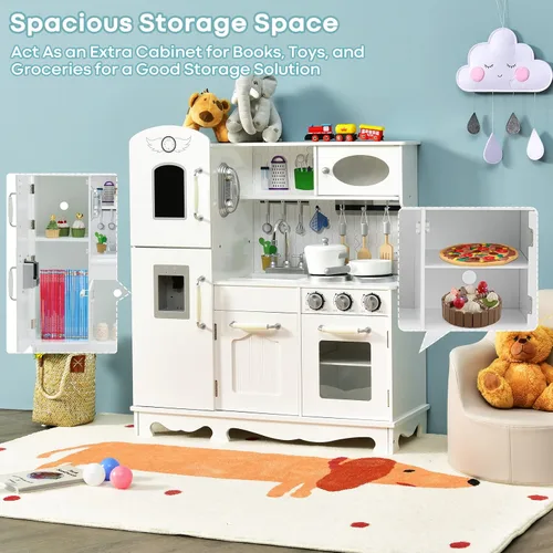 Vista 5 de GLACER Juego de cocina para niños con teléfono, juguetes Montessori de madera con luz y sonido, microondas, máquina de hielo, horno, fregadero