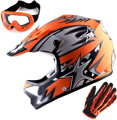 Vista 6 de WOW Casco de motocross juvenil MX BMX, casco de bicicleta negro araña + gafas + guante negro esqueleto K-Negro mate