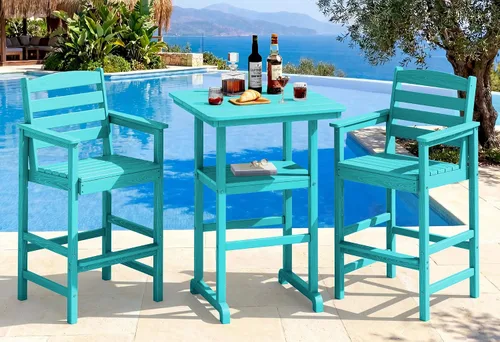 Vista 38 de SERWALL Juego de 3 sillas Adirondack de alta densidad y mesa de bar, Aruba