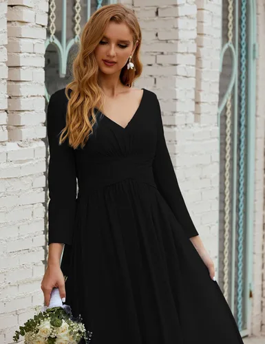 Vista 5 de nightbubo Vestido de dama de honor para mujer manga larga cuello en V vestido formal de gasa para boda