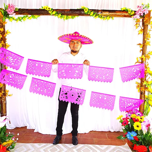 Vista 2 de Pancartas rosadas de Picado Picado, decoraciones de fiesta temática mexicana rosa, banderas mexicanas, decoraciones colgantes de fiesta de México