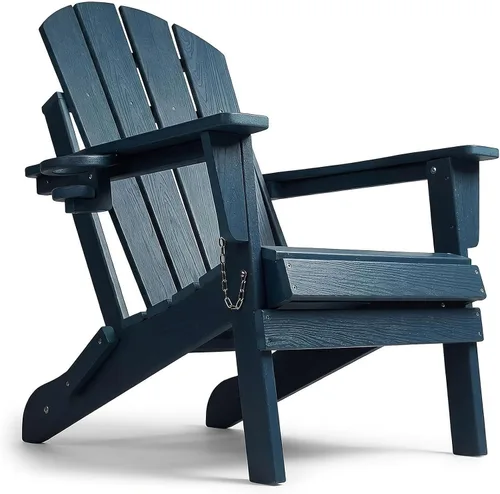Vista 16 de Silla Adirondack plegable de HDPE, silla de patio al aire libre con soporte para tazas, silla de césped de grano de madera resistente a