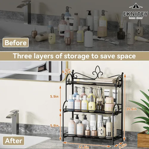 Vista 6 de EKNITEY Organizador de encimera de baño, organizador de especias de 3 niveles, organizador de encimera para el cuidado de la piel, para baño, Negro