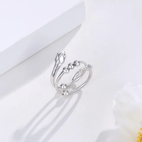 Vista 5 de Anillos de plata de ley 925 para aliviar la ansiedad, anillo antiansiedad y estrés con cuentas, anillos abiertos, regalos de joyería para mujeres