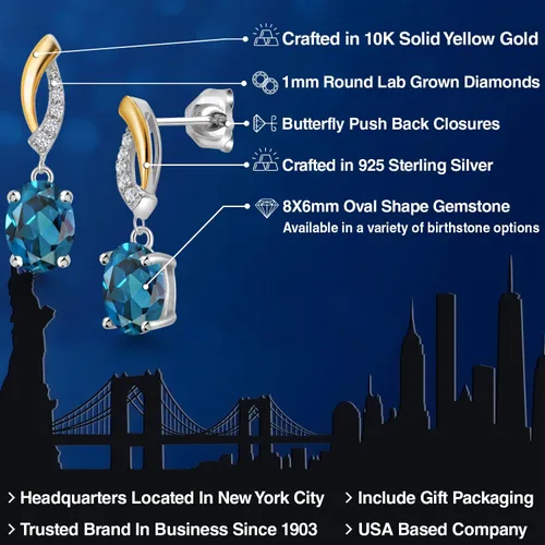 Vista 2 de Gem Stone King Aretes colgantes ovalados de plata 925 y oro amarillo de 10 quilates de 0.315 x 0.236 in con piedra natal y diamantes cultivados