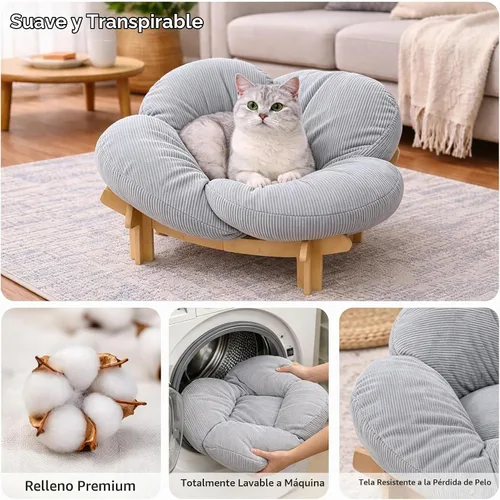 Vista 6 de Cama elevada de madera para gatos con cojín extraíble esponjoso, moderno sofá para gatos en forma de pétalos, sofá para gatos de interior, perros