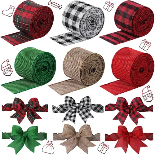 Vista 7 de 6 rollos de cintas navideñas con alambre de 32 yardas, cinta multicolor de búfalo a cuadros, cinta de arpillera con borde con alambre, cinta