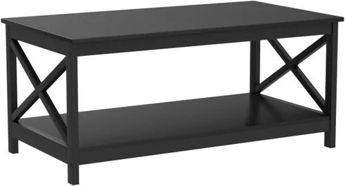 Vista 4 de Yaheetech Mesa de centro negra de madera de 2 niveles con estante de almacenamiento para sala de estar, mesa de cóctel con diseño en X, muebles