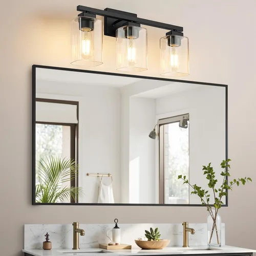 Vista 7 de Lámpara de baño de 3 luces de 19 pulgadas, moderna lámpara de tocador negra, accesorios de iluminación de baño sobre espejo, lámpara de aplique