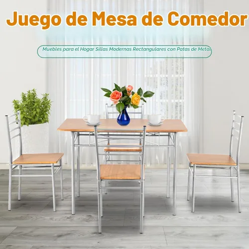 Vista 2 de Juego de mesa de comedor PayLessHere, mesa de madera y 4 sillas modernas con patas de metal, muebles rectangulares para el hogar