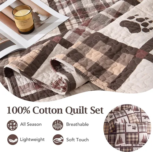 Vista 4 de Juego de edredón 100% algodón, tamaño Queen, juego de ropa de cama de retazos marrón y blanco, colcha rústica con patrón de oso de cabaña, colcha
