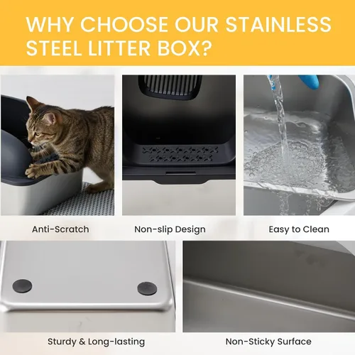 Vista 4 de Simple Deluxe Caja de arena XL para gatos de acero inoxidable con tapa, bandeja de arena de metal de alta cara para gatos grandes, a prueba