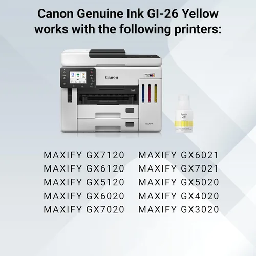 Vista 6 de Canon GI-26 Botella de tinta amarilla de pigmento genuino, compatible con impresoras MegaTank GX7120, GX6120, GX5120, GX6020, GX7020, GX6021