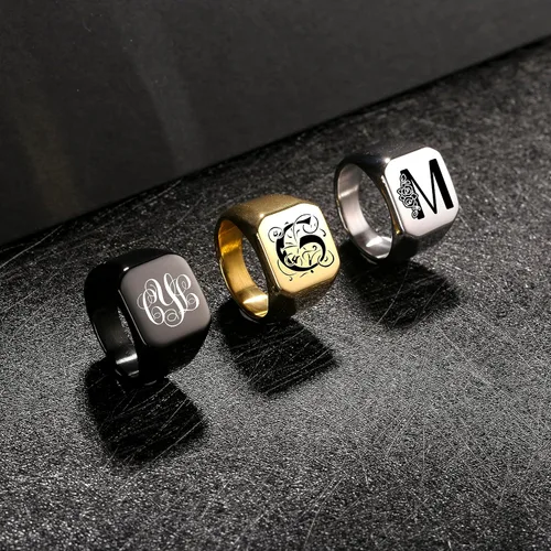 Vista 5 de Anillo de sello con monograma con inicial personalizada, nombre grabado de letra para hombres, mujeres, niños, niñas, mejores amigos, joyería