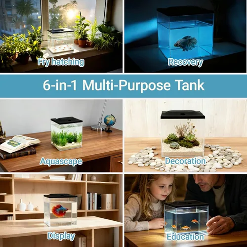 Vista 5 de Tanque de peces pequeño de 0.8 galones, tanque de plástico inastillable con iluminación LED, pecera temporal para freír, aislamiento, educación