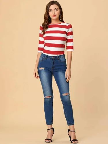 Vista 5 de Allegra K Camiseta a rayas para mujer, con mangas de codo de Halloween, básica, ajustada, cuello redondo