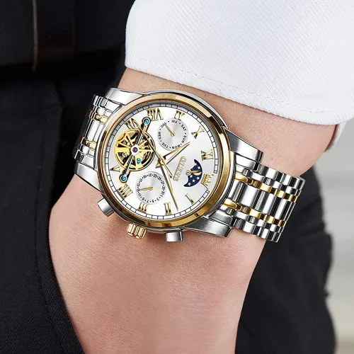 Vista 3 de OLEVS Relojes automáticos para hombre diseño de esqueleto Tourbillon cuerda automática reloj de pulsera de lujo fase lunar fecha impermeable
