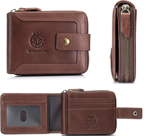 Vista 11 de LUKZIJAES Billetera de cuero genuino para hombre, con bloqueo RFID, delgada, plegable, bolsillo frontal, #3-Café, Vintage