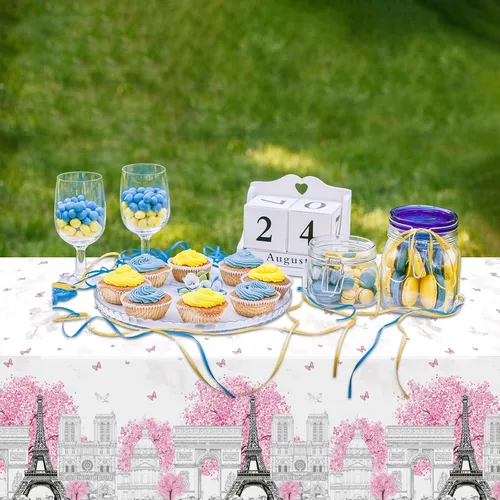 Vista 6 de ZOIIWA 3 manteles de la Torre Eiffel de París, color rosa, temática de París, Torre Eiffel, fundas de mesa rectangulares desechables de plástico