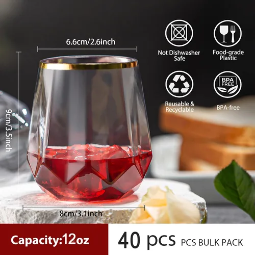 Vista 2 de Lueumxc Paquete de 40 copas de vino de plástico, vasos de vino desechables de origami de 12 onzas, vasos de cóctel de plástico transparente
