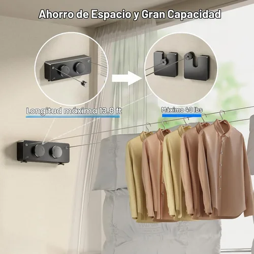 Vista 2 de MUSTORN Tendedero Retráctil Doble para Interiores, Línea de Ropa Retráctil para Exteriores que No se Comba de Servicio Pesado, Línea de Secado