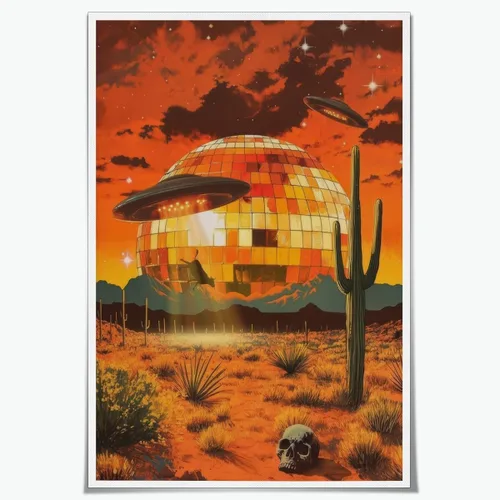 Vista 38 de WLZWD Retro Funky 70s style woman at a Party art Print Cocktails Disco Ball Wall Art Vintage Trendy Female Portrait Art Poster Warm Colour Palette