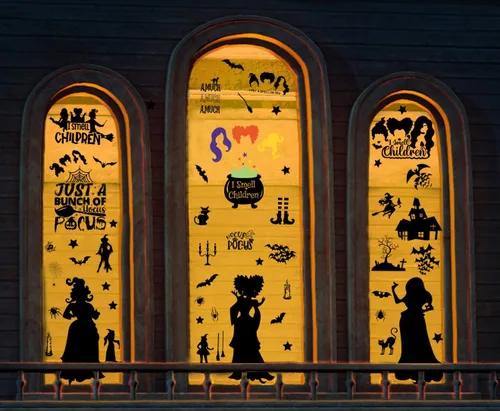 Vista 4 de Decoraciones de Hocus Pocus, calcomanías de ventana de Halloween, 9 hojas, 91 calcomanías de Hocus Pocus, calcomanías de silueta de ventana