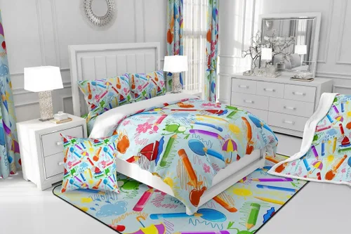 Vista 7 de jejeloiu Juego de ropa de cama de lápiz de dibujos animados para niños, tamaño individual, colorido cuarto de bebé, 100% algodón, funda de edredón