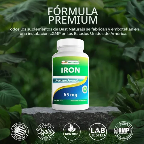 Vista 5 de Best Naturals Suplemento de hierro - 65 mg - 240 tabletas - Sin OMG y sin gluten