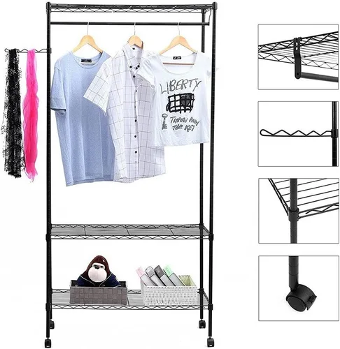Vista 4 de Polyial Weave 3 niveles de gran tamaño ajustable resistente estante de ropa con estantes dobles para ropa y ruedas con bloqueo+1 par de ganchos