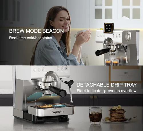 Vista 9 de Empstorm Cafetera Espresso 20 Bares con Espumador de Leche de Vapor, Cafetera Espresso de Acero Inoxidable con Pantalla LED Cafetera para Café