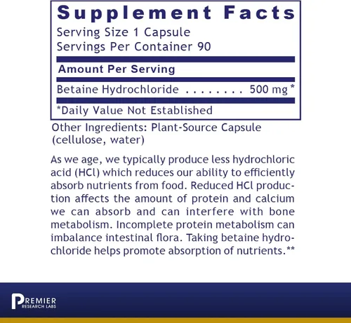 Vista 2 de Premier Research Labs Premier HCL - Betaína HCL, suplemento de clorhidrato de betaína para una función digestiva óptima, absorción de nutrientes