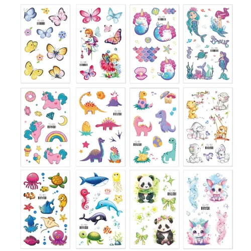 Vista 2 de Yobbai Tatuajes temporales con purpurina para niños, estilos mixtos de mariposa, panda, criatura marina, sirena y dinosaurio, tatuajes falsos
