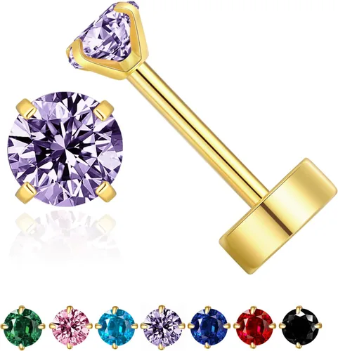 Vista 19 de 3mm Tiny CZ Flat Back Stud Earrings,14K Gold Small Screw on Cubic Zirconia Earrings for Cartilage Helix Tragus Piercing Jewelry Gift for Women Girls