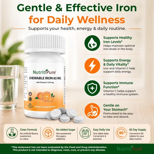 Vista 8 de Hierro carbonílico masticable de 65 mg con 270 mg de vitamina C – Tableta Bariátrica (no gomosa), sabor a naranja sin azúcar – Suplemento de hierro