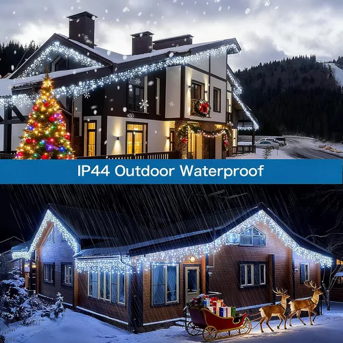 Vista 2 de Luces de cadena LED de carámbanos de 32.8 pies con 400 LED, 8 modos impermeables, luces navideñas de carámbanos para exteriores con función