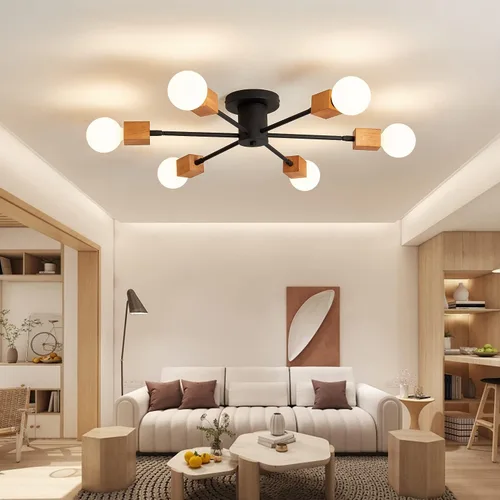 Vista 8 de Lámpara de techo de madera semiempotrada, 6 luces, lámpara Sputnik de madera rústica, iluminación de techo estilo granja, roble y negro con E26