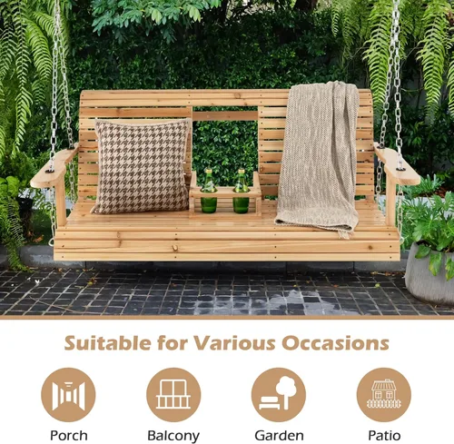 Vista 7 de Giantex Columpio colgante para porche al aire libre – Banco de columpio de madera de 2 asientos con portavasos plegable y cadenas colgantes de metal
