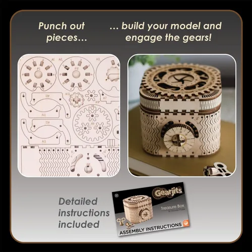 Vista 8 de MindWare Gearjits: Treasure Box - Rompecabezas de construcción 3D de madera de 158 piezas para adolescentes y adultos - Modelo de construcción