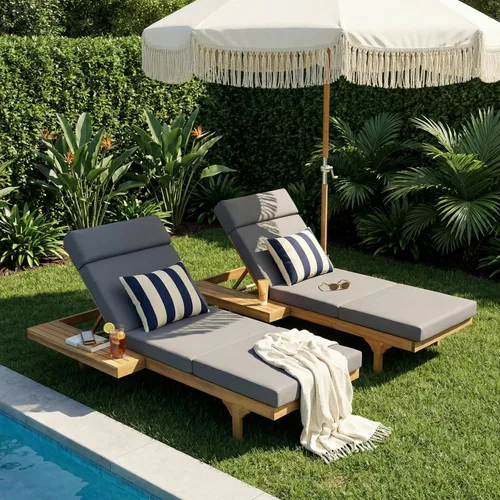 Vista 11 de [Usado] Christopher Knight Home Juego de 2 tumbonas de madera de acacia, tumbonas dobles/individuales para tomar el sol al aire libre con cojín