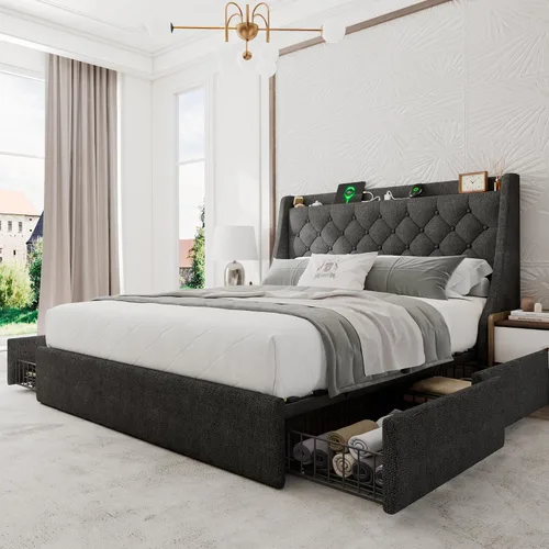Vista 13 de Einhomn Base de cama tapizada de tamaño completo con 4 cajones de almacenamiento, cama de plataforma con cabecera con respaldo de ala, estación