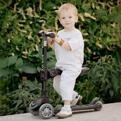 Vista 5 de Kicknroll Toddler Scooter for Kids with Seat Light up 3 Wheels Scooters Foldable Seat, Adjustable Height, Extra Wide Deck, Rear Foot Brake, Max