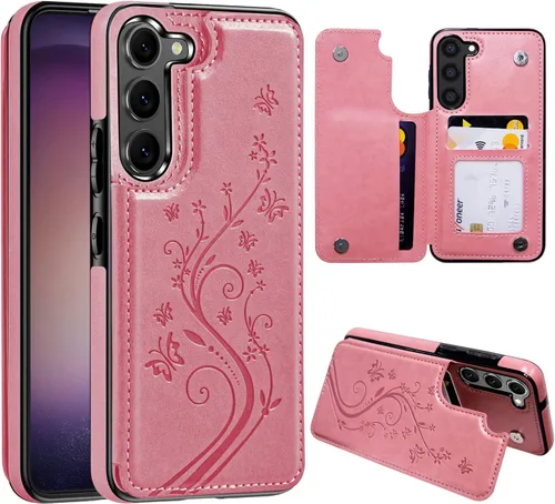 Vista 8 de Korecase - Funda tipo cartera para Samsung Galaxy S23 con tarjetero y tarjetero de piel sintética, diseño de mariposas y flores, color azul