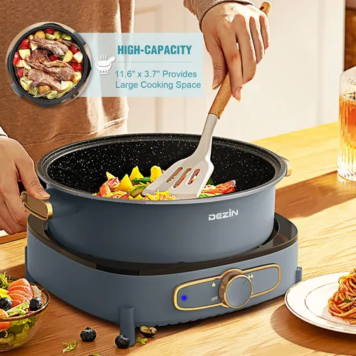 Vista 11 de Dezin Olla eléctrica Shabu Shabu con olla extraíble, olla caliente antiadherente de 5 L con control de potencia múltiple, olla eléctrica de 3.7 A