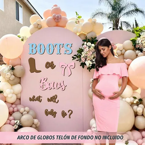 Vista 7 de Adhesivos de madera para señalización de revelación de género, arco de globos "¿Qué será el bebé?", botas o lazos, suministros de decoración