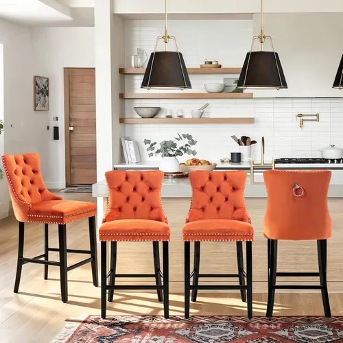 Vista 49 de SoarFlash Juego de 2 taburetes de bar tapizados de terciopelo moderno con patas de madera, botones acolchados, cabeza de clavo cromada, asiento