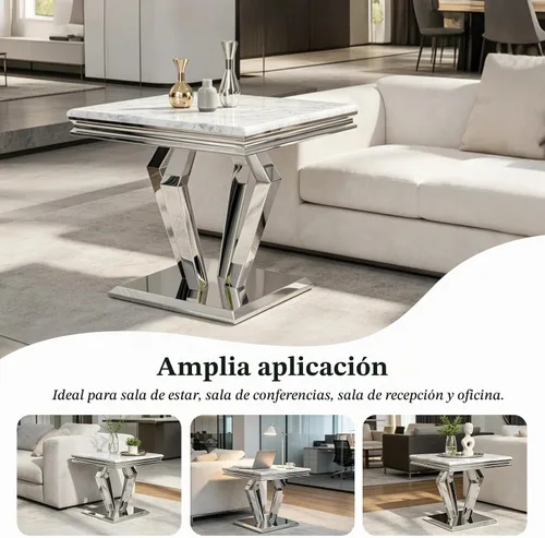 Vista 8 de ACEDÉCOR Mesa auxiliar cuadrada de 22 pulgadas, mesa auxiliar plateada con elegante parte superior de mármol sintético y base en forma de diamante