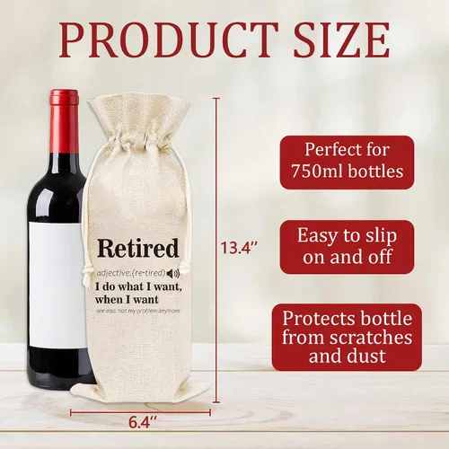 Vista 2 de Huastatewolf Bolsa de vino de jubilación – Bolsa de regalo con cubierta de botella de vino de arpillera (C35), 6.3 x 13.4 pulgadas, estampado